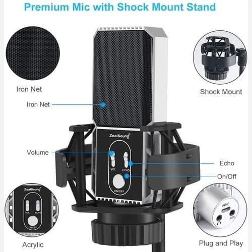 میکروفون استودیویی قابل حمل برند Zealsound پایه فلزی اورجینال امازون المان — تصویر ۸
