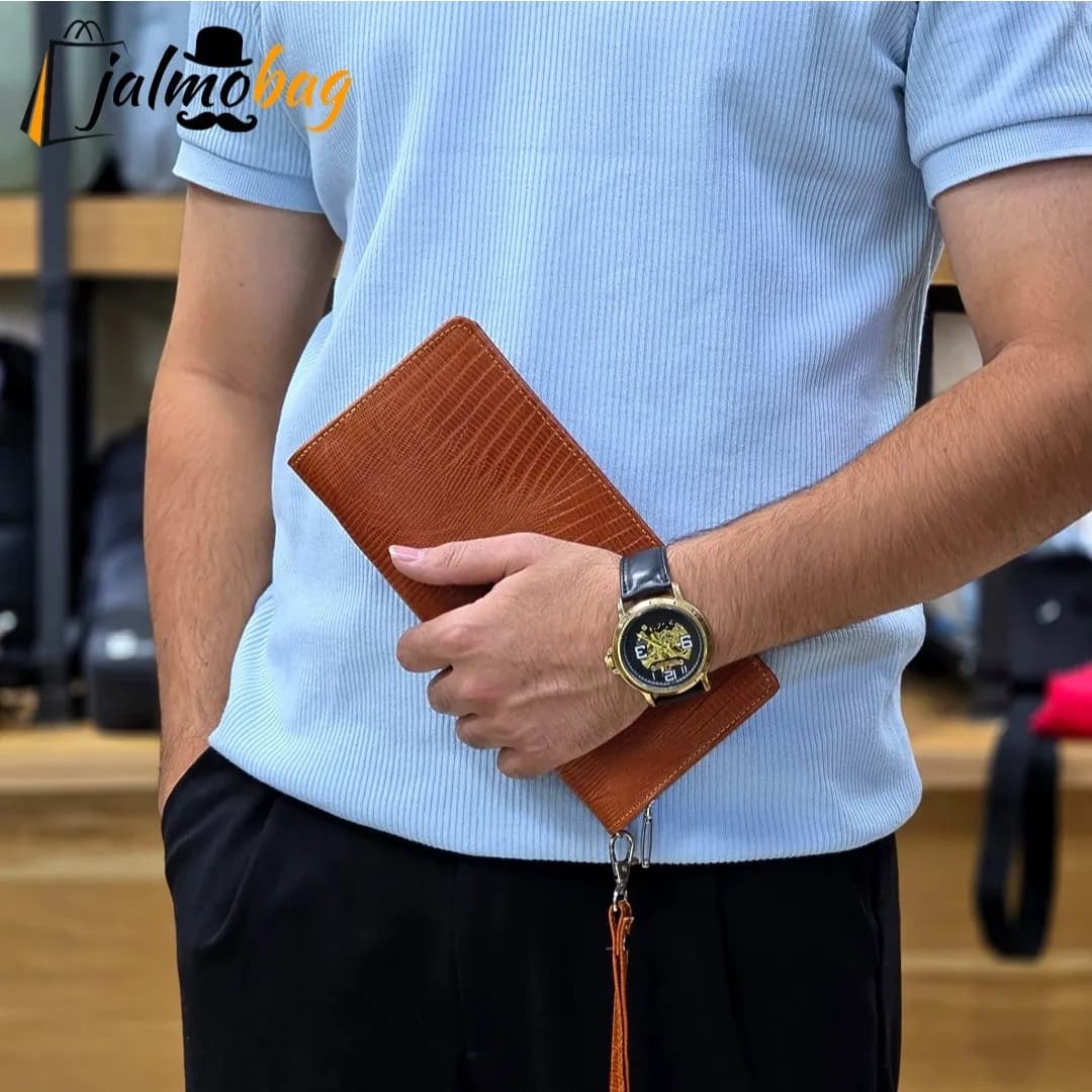 کیف دسته چک چرم طبیعی گاوی مردانه با جای کارت و موبایل — تصویر ۸