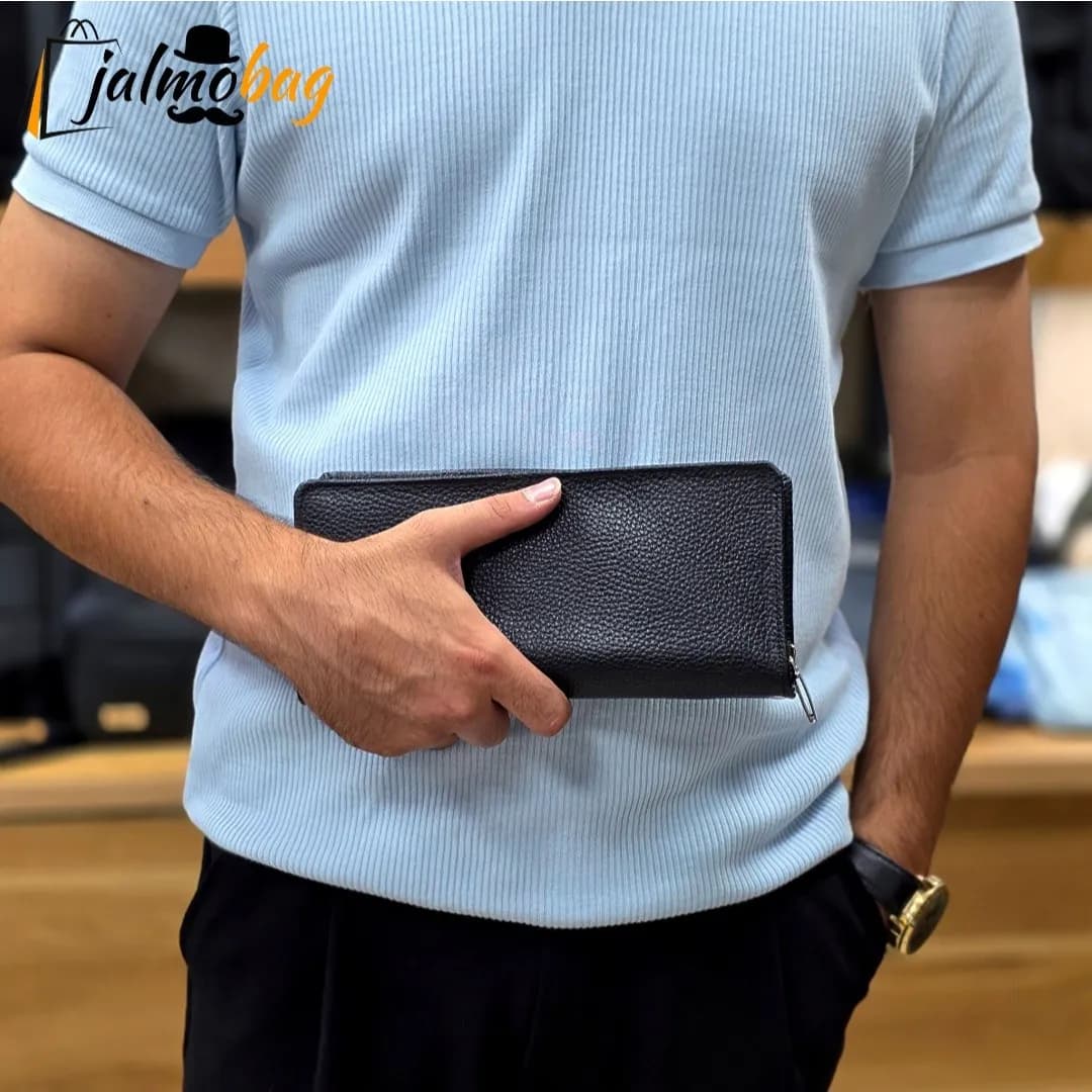 کیف دسته چک چرم طبیعی گاوی مردانه با جای کارت و موبایل — تصویر ۶