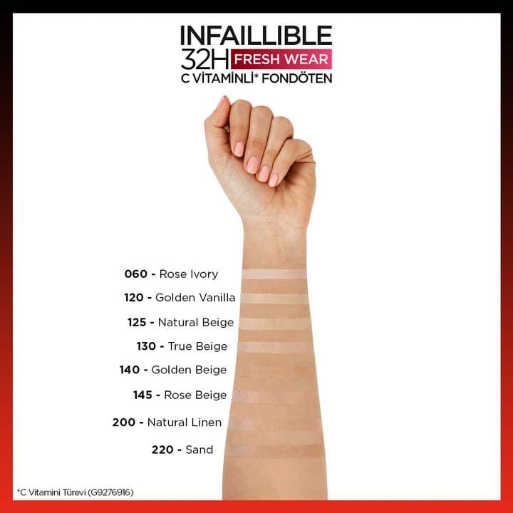 کرم پودر لورال LOREAL شیشه ای مدل INFAILLIBLE شماره 140 رنگ golden beige حجم 30 میل — تصویر ۶