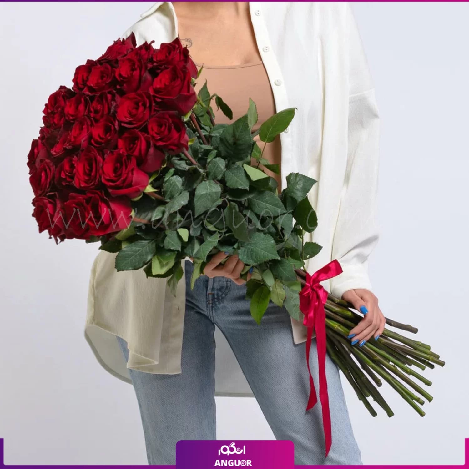 دسته گل رز قرمز 20 شاخه سوپر ممتاز هلندی 100 سانتی