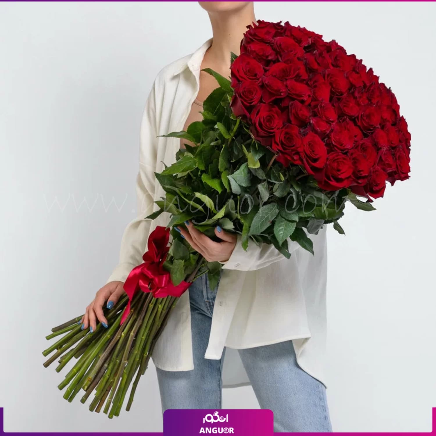 دسته گل رز قرمز 55 شاخه سوپر ممتاز هلندی 100 سانتی