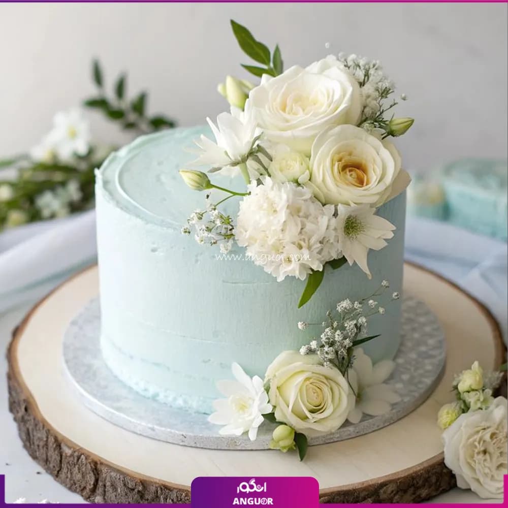 کیک آبی با تزئین گل رز و داوودی سفید