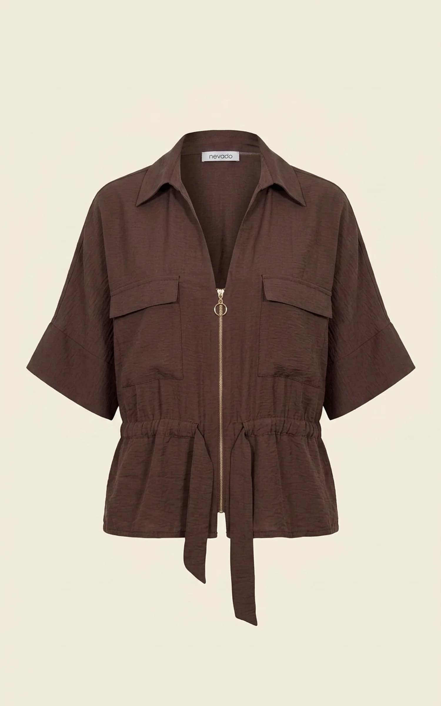 شومیز زنانه قهوه‌ای جلو زیپ‌دار و کمر بنددار nevado کد 405012371951