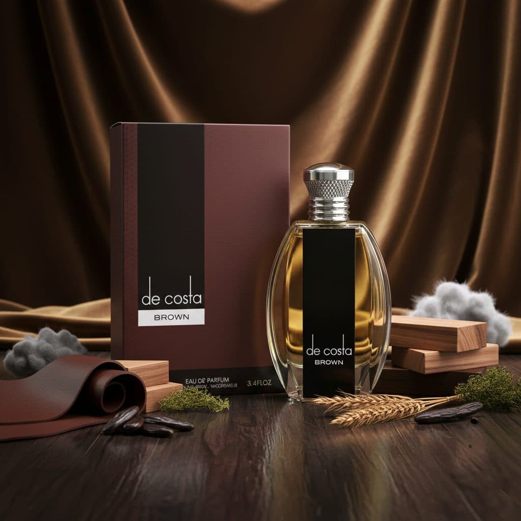 عطر ادکلن مردانه دانهیل قهوه ایی فراگرنس ورد مدل د کاستا براون (Fragrance World De costa Brown for Men) حجم 100 میل