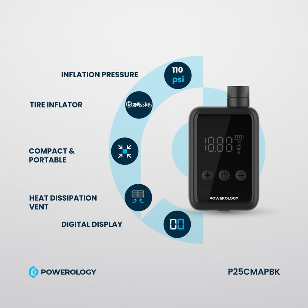 پمپ باد و کمپرسور شارژی سوپر کامپکت پاورولوژی مدل Powerology Super Compact Tire Inflator – P25CMAPBK — تصویر ۷