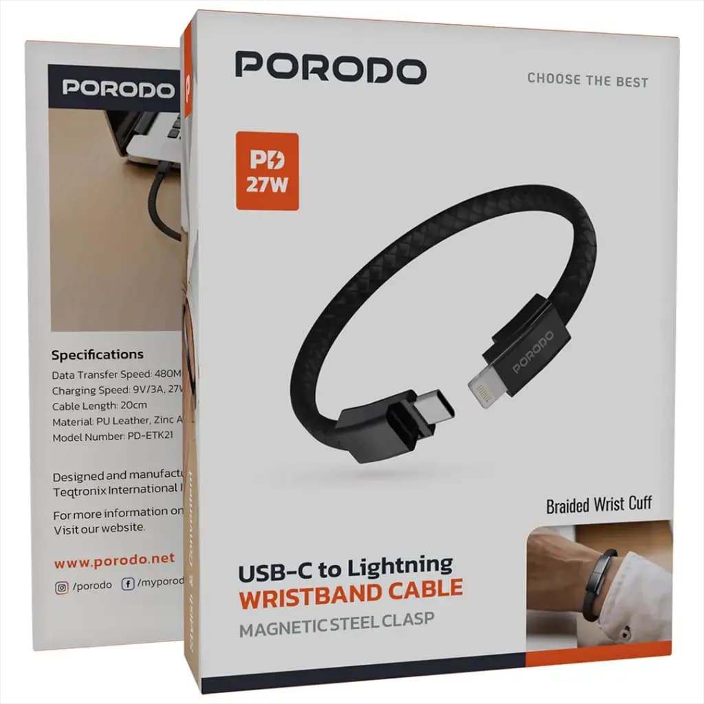 کابل مچی USB-C به Lightning پرودو با قفل مغناطیسی استیل مدل PDETK21BR Porodo USB-C to Lightning Wristband Cable Magnetic Steel Clasp — تصویر ۷
