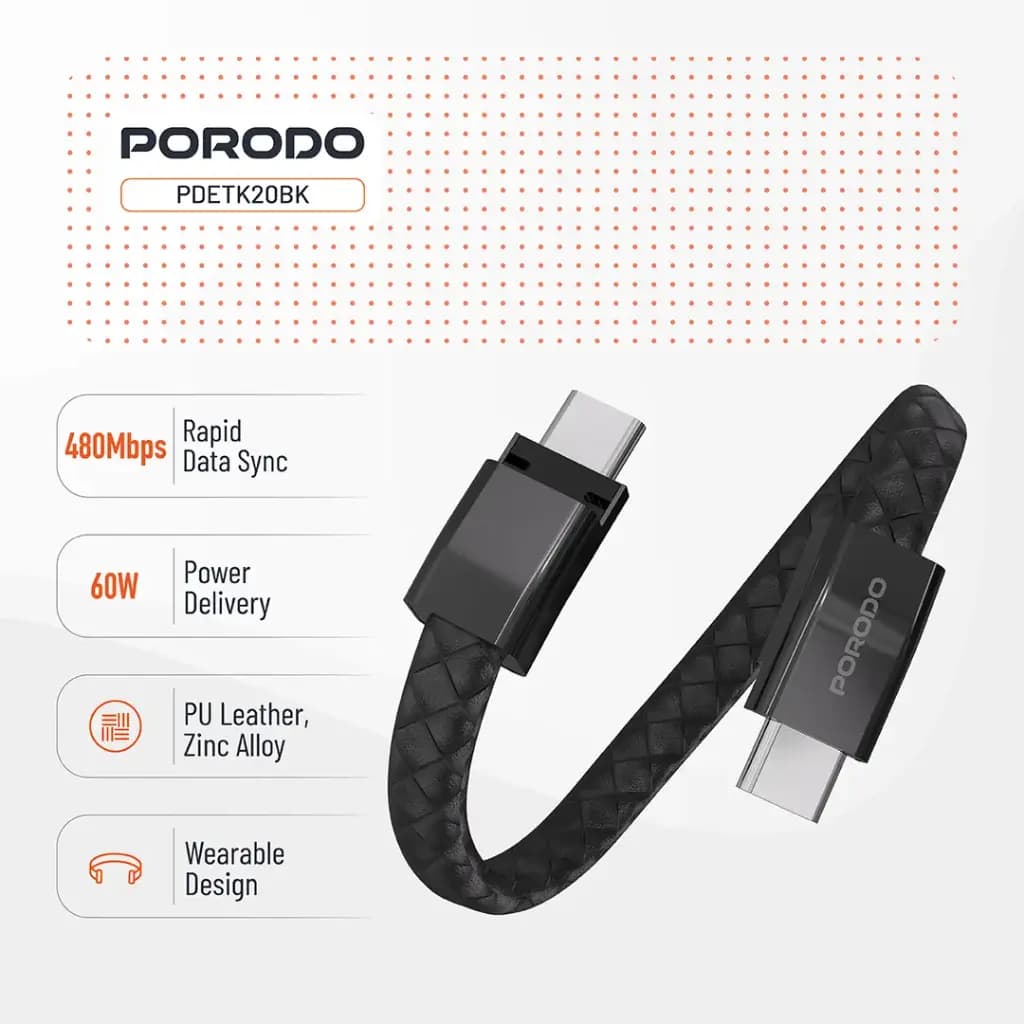 کابل مچی USB-C به USB-C پرودو با قفل مغناطیسی استیل مدل Porodo USB-C to USB-C Wristband Cable Magnetic Steel Clasp — تصویر ۳