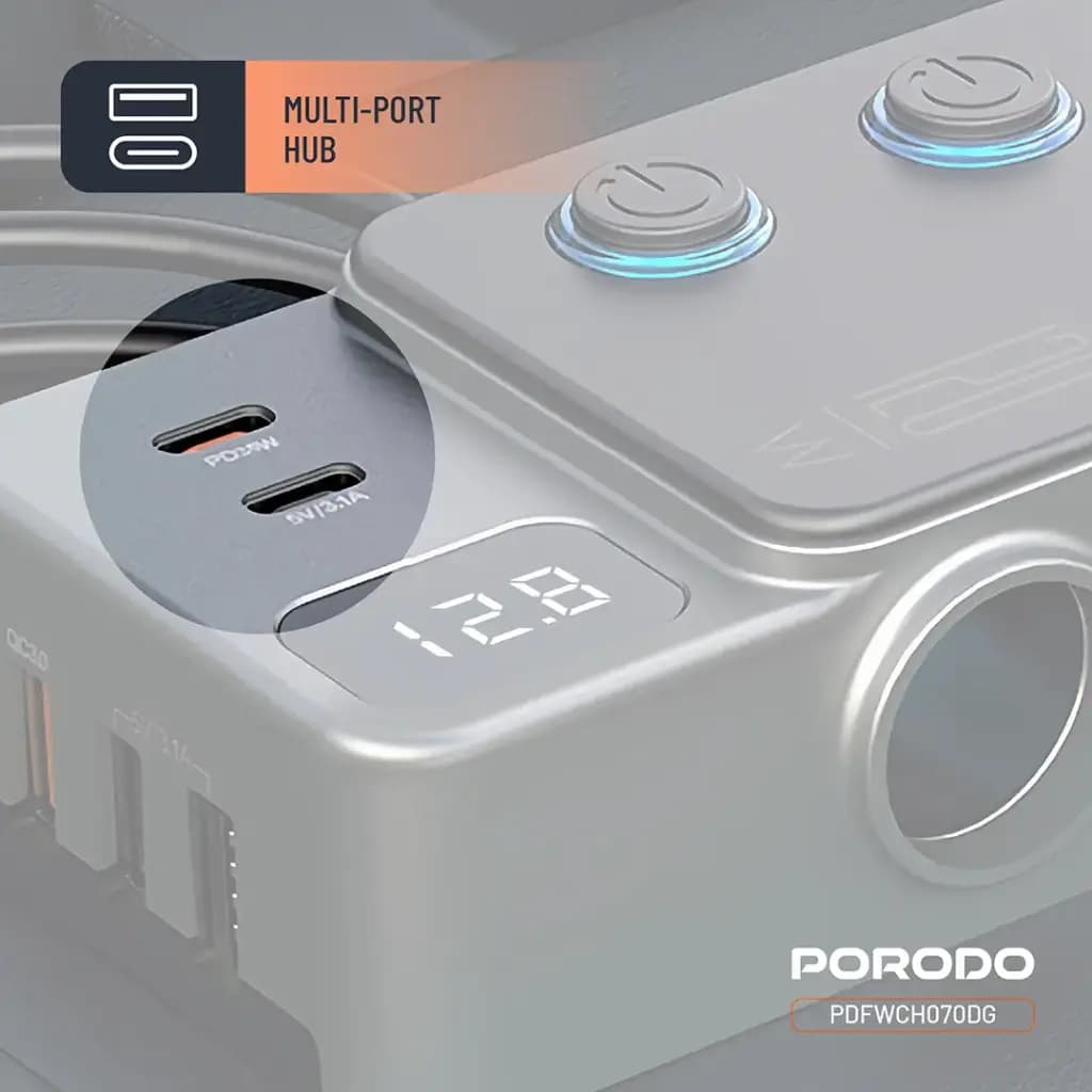 شارژر فندکی خودرو 120 وات پرودو مدل Porodo 120W Car Charger Hub Triple-Port PDFWCH070DG — تصویر ۶
