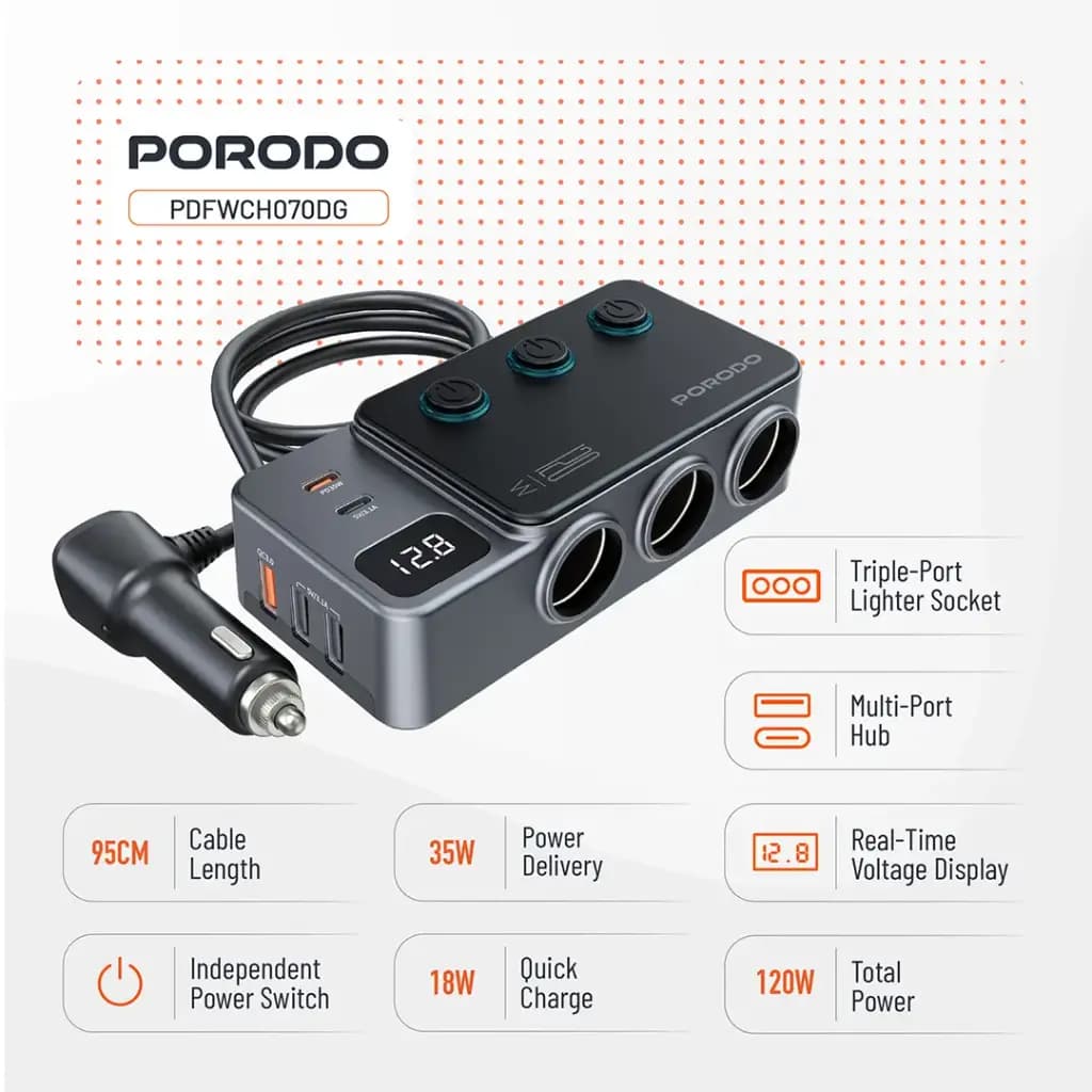 شارژر فندکی خودرو 120 وات پرودو مدل Porodo 120W Car Charger Hub Triple-Port PDFWCH070DG — تصویر ۲