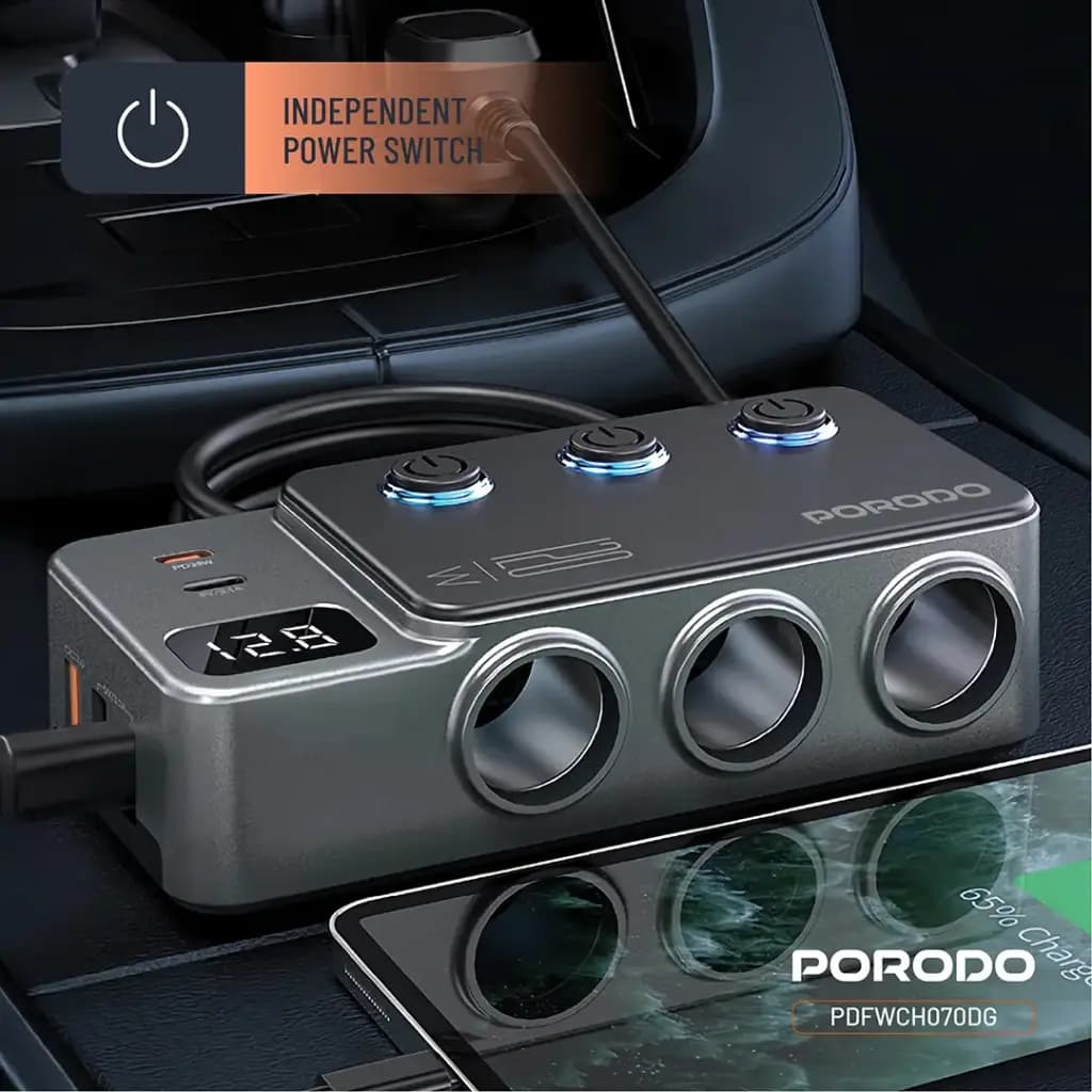 شارژر فندکی خودرو 120 وات پرودو مدل Porodo 120W Car Charger Hub Triple-Port PDFWCH070DG — تصویر ۴