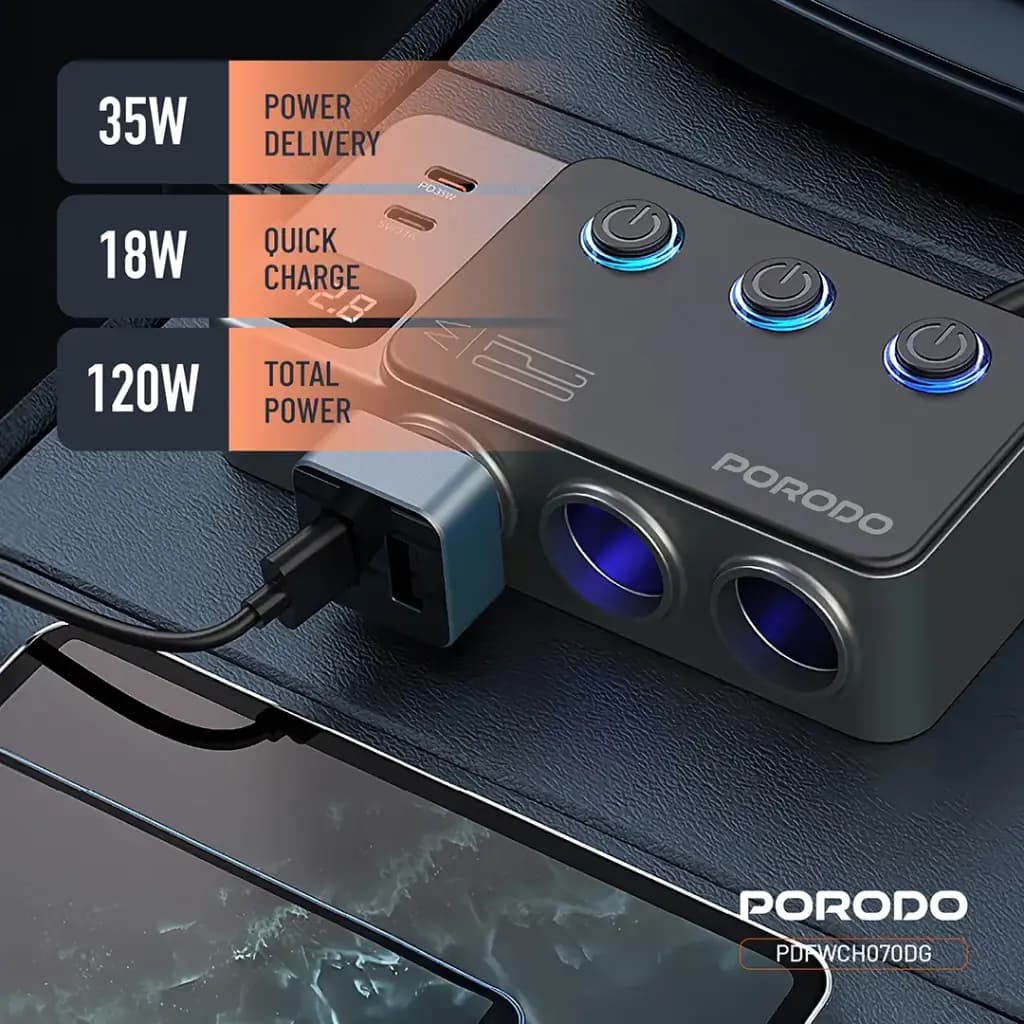 شارژر فندکی خودرو 120 وات پرودو مدل Porodo 120W Car Charger Hub Triple-Port PDFWCH070DG — تصویر ۳