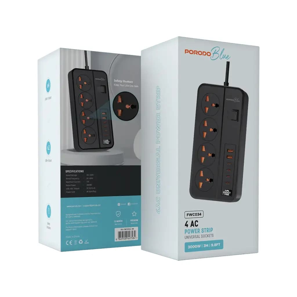 چندراهی برق هوشمند و شارژر پرودو مدل Porodo Blue 4 AC Power Strip PB-FWCH034 — تصویر ۷