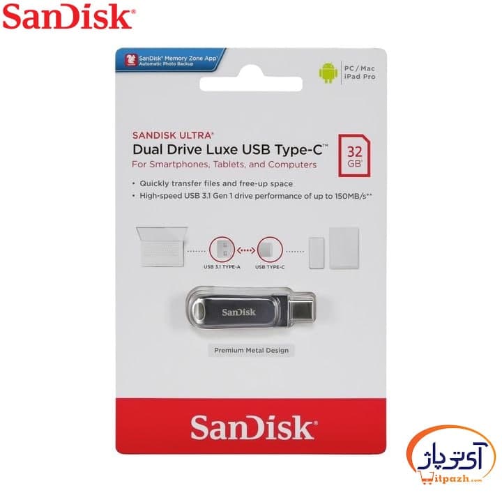 فلش مموری USB3.1 سن دیسک 32 گیگابایت مدل SanDisk Dual Drive LUXE Type C — تصویر ۸