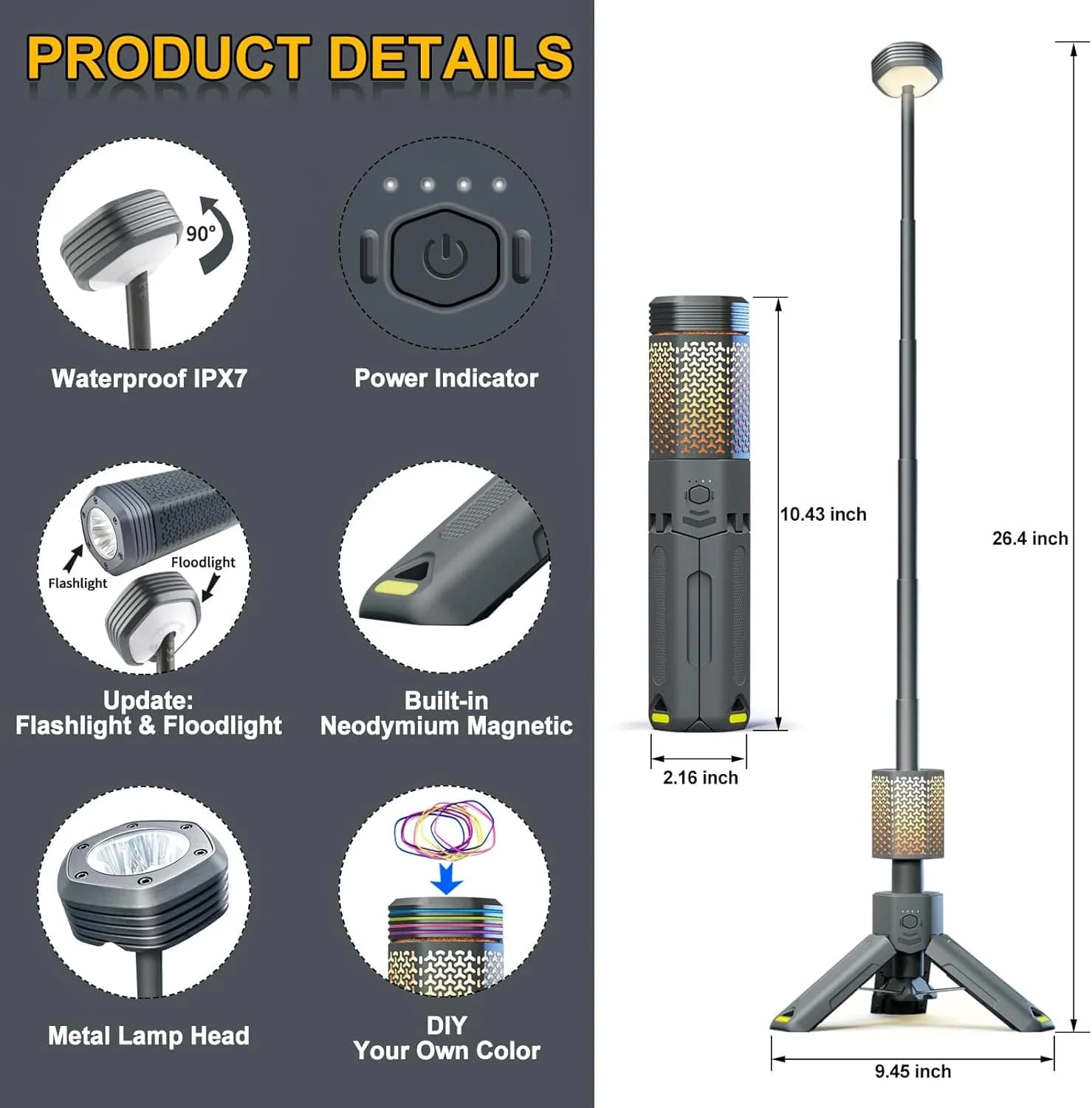 چراغ کمپینگ شارژی ضدآب سه پایه دار تلسکوپی THOREFIRE مدل VP-CL01 ULTRA — تصویر ۵