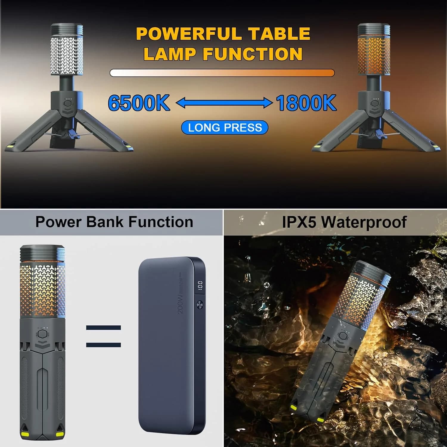 چراغ کمپینگ شارژی ضدآب سه پایه دار تلسکوپی THOREFIRE مدل VP-CL01 ULTRA — تصویر ۳