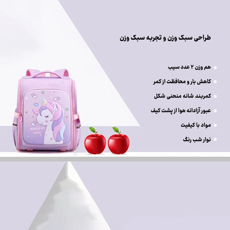 کوله پشتی مدرسه دخترانه مدل صندوقی طرح یونیکورن 33655 — تصویر ۵