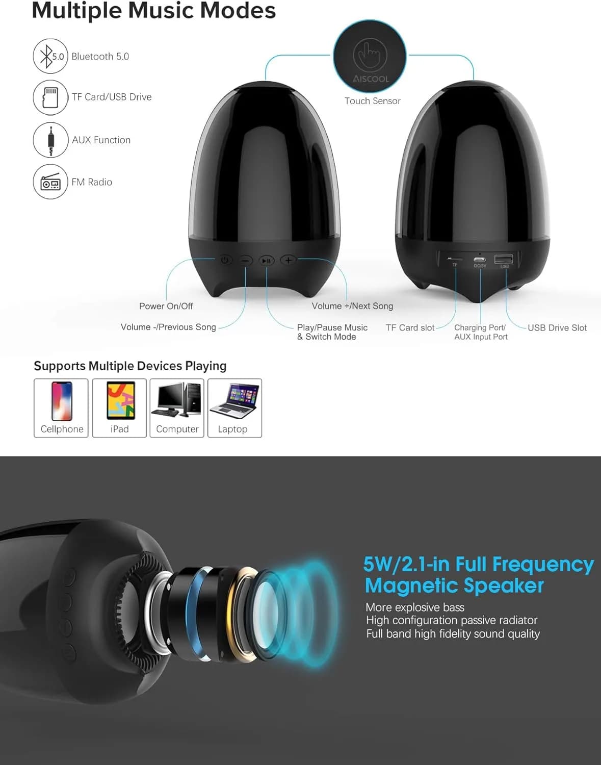 چراغ خواب رومیزی و اسپیکر TOUCH LAMP PORTABE SPEAKER مدل S609 — تصویر ۵