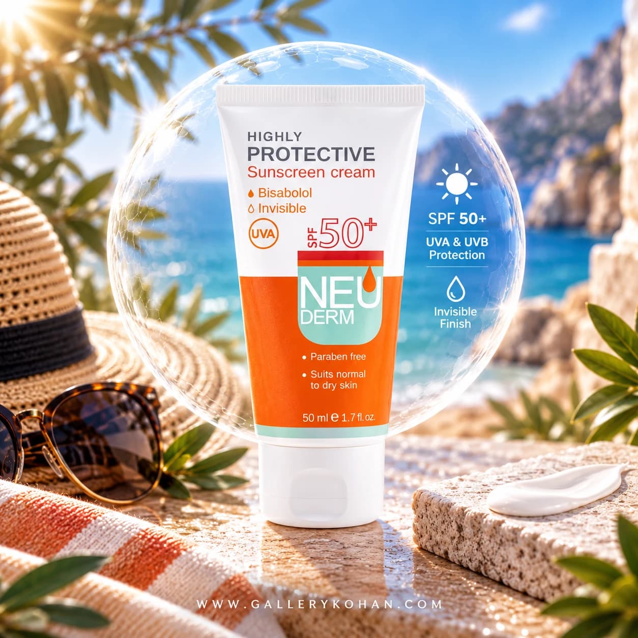 کرم ضد آفتاب بی رنگ نئودرم انواع پوست spf50