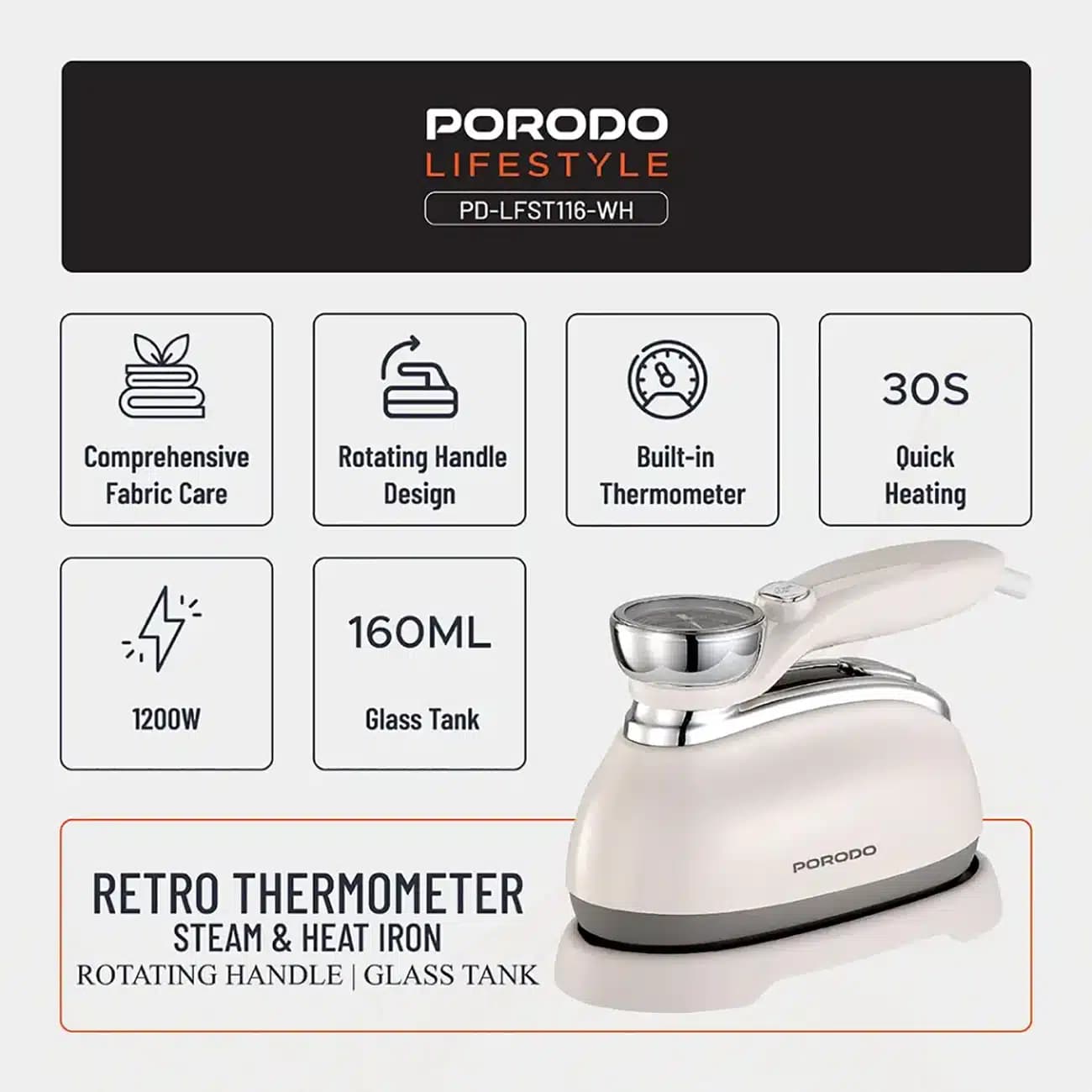 اتو بخار پورودو Porodo مدل PDLFST116WH توان 1200 وات با دماسنج — تصویر ۱۲