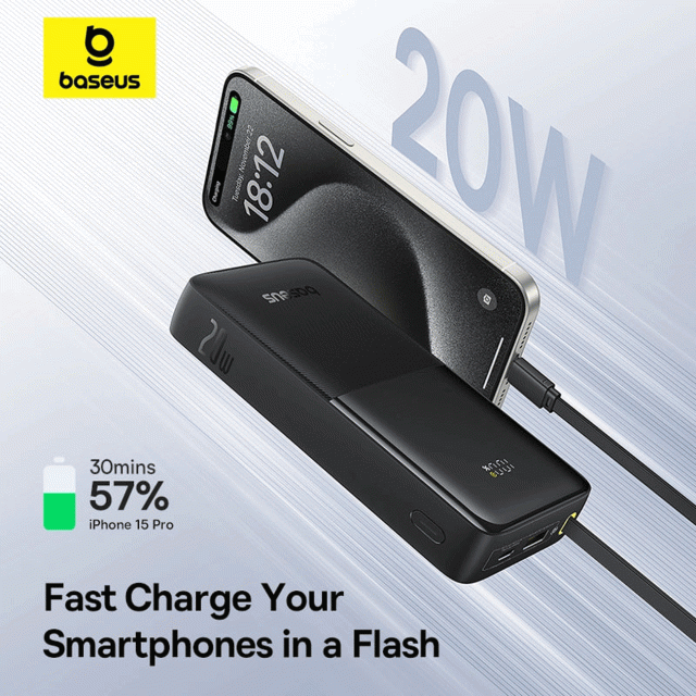 پاوربانک بیسوس 20000 میلیآمپر فست شارژ 20 وات USB و Type-C مدل P10077101113-01 — تصویر ۴
