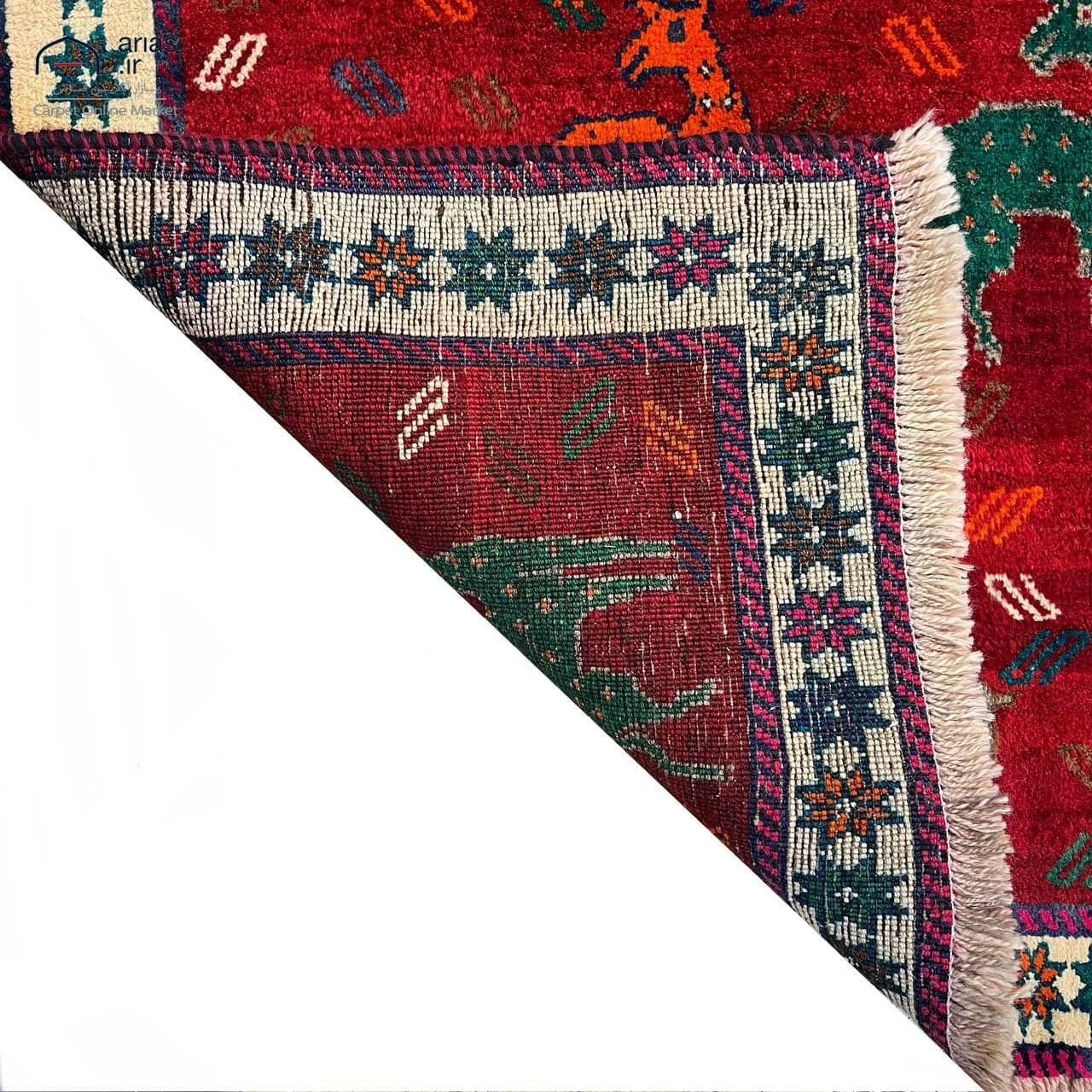 قالیچه دستباف 2.5 متری زمینه لاکی بافت قشقایی کد D03148A — تصویر ۵