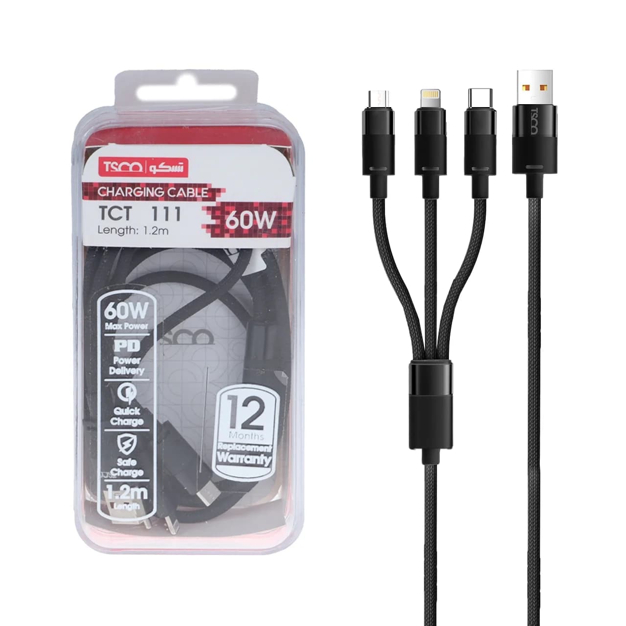 کابل شارژ فست 1.2 متری سه کاره TSCO مدل TCT 111 60W – مشکی