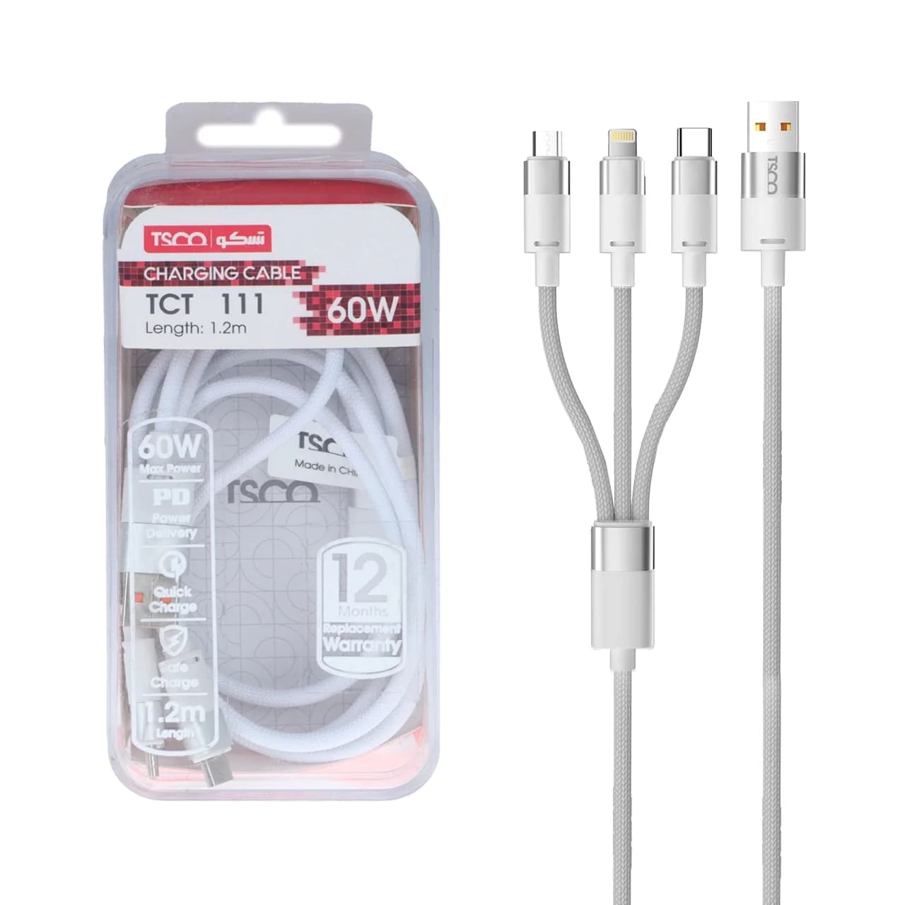 کابل شارژ فست 1.2 متری سه کاره TSCO مدل TCT 111 60W – سفید