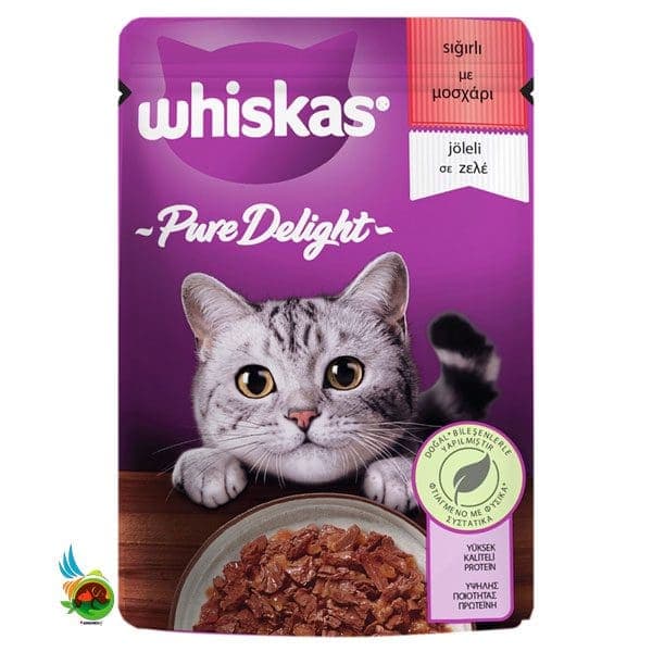پوچ گربه بالغ ویسکاس با طعم گوشت در ژله Whiskas pure delight with beef in jelly وزن ۸۵ گرم