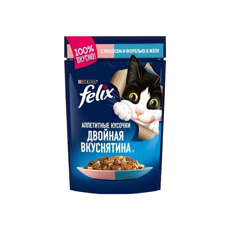 پوچ گربه فلیکس با طعم ماهی سالمون و ماهی ساردین Felix Salmon & Sardine وزن 85 گرم — تصویر ۲