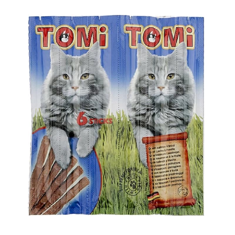 تشویقی مدادی گربه با طعم ماهی سالمون و ماهی آزاد Tomi