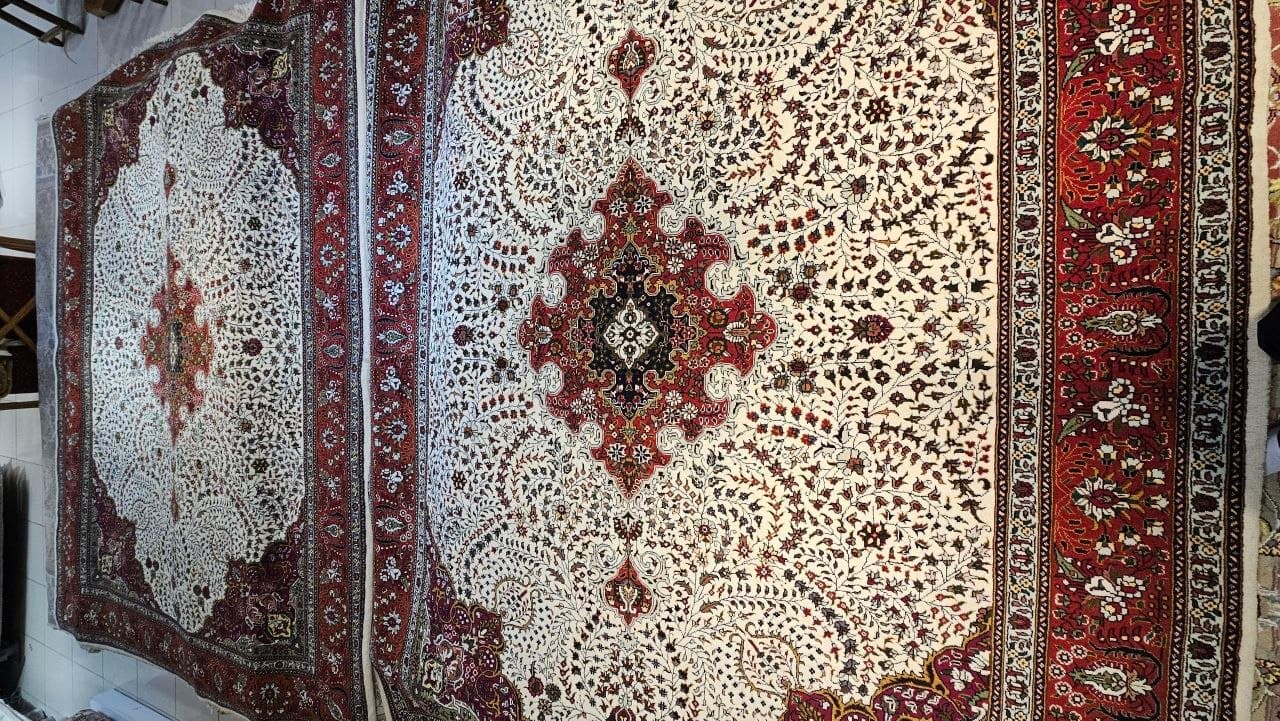 جفت فرش دستباف کرمان قلم آذربایجان ۱۲ متری ۳۰ رج پرز پشمی کد ۱۲۳۰۰۱ — تصویر ۲