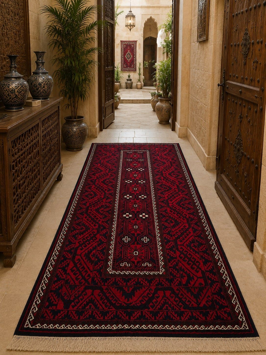 فرش دستباف بلوچی قرمز طرح کلاسیک اصیل — تصویر ۳
