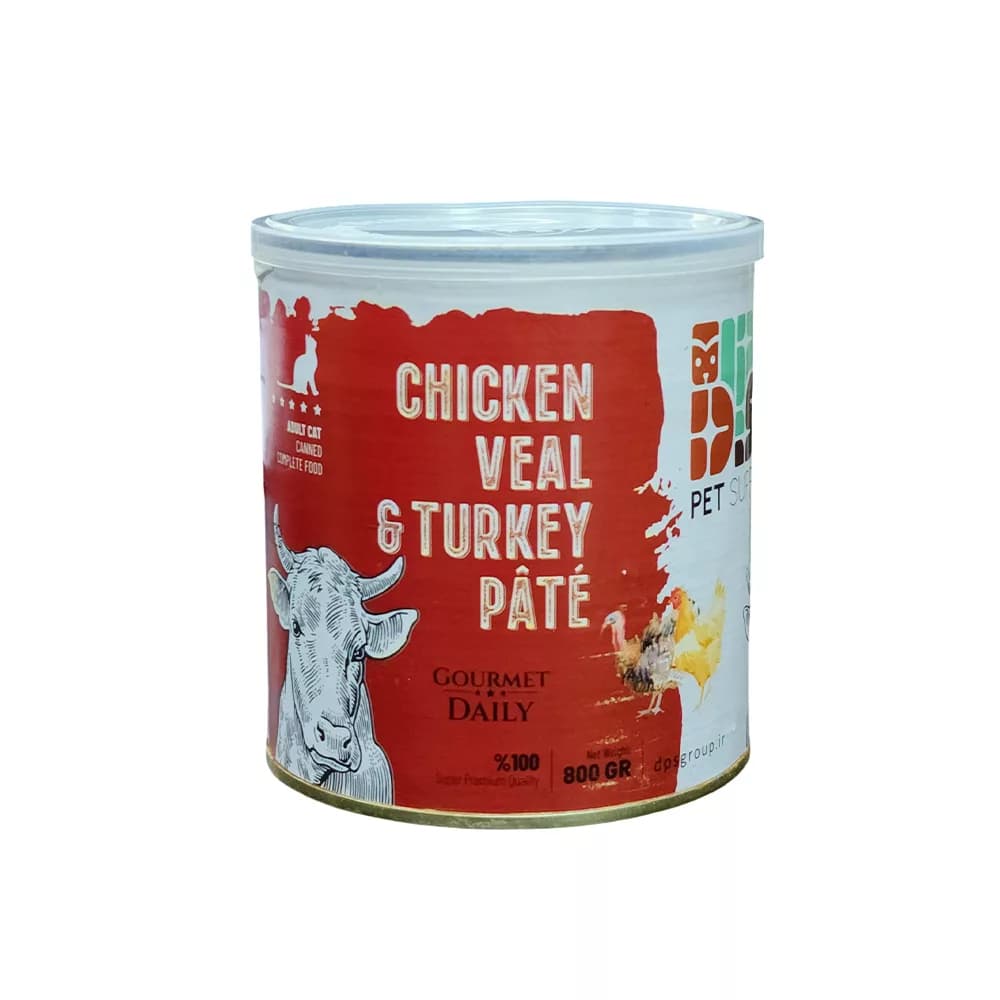 کنسرو سوپرپریمیوم گربه دی‌پی‌اس با طعم مرغ، گوساله و بوقلمون – 800 گرم — تصویر ۲