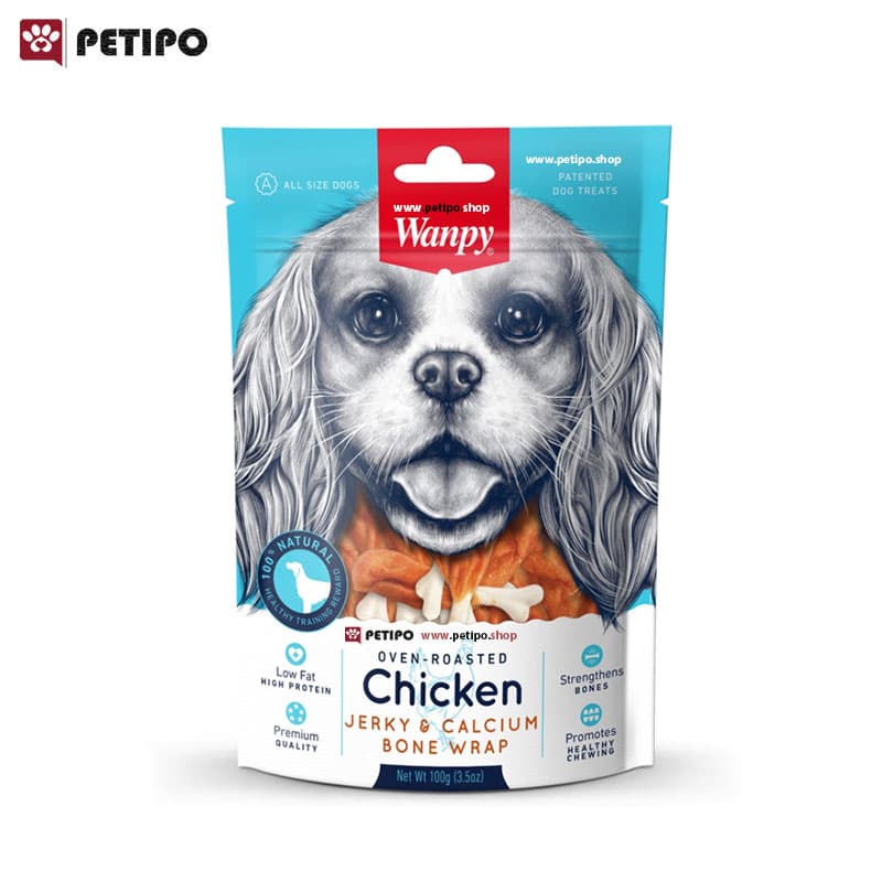 تشویقی سگ رول استخوان کلسیم دار با طعم مرغ ونپی (Wanpy Chicken Jerky & Calcium Bone Wrap Dog Treats) وزن ۱۰۰ گرم