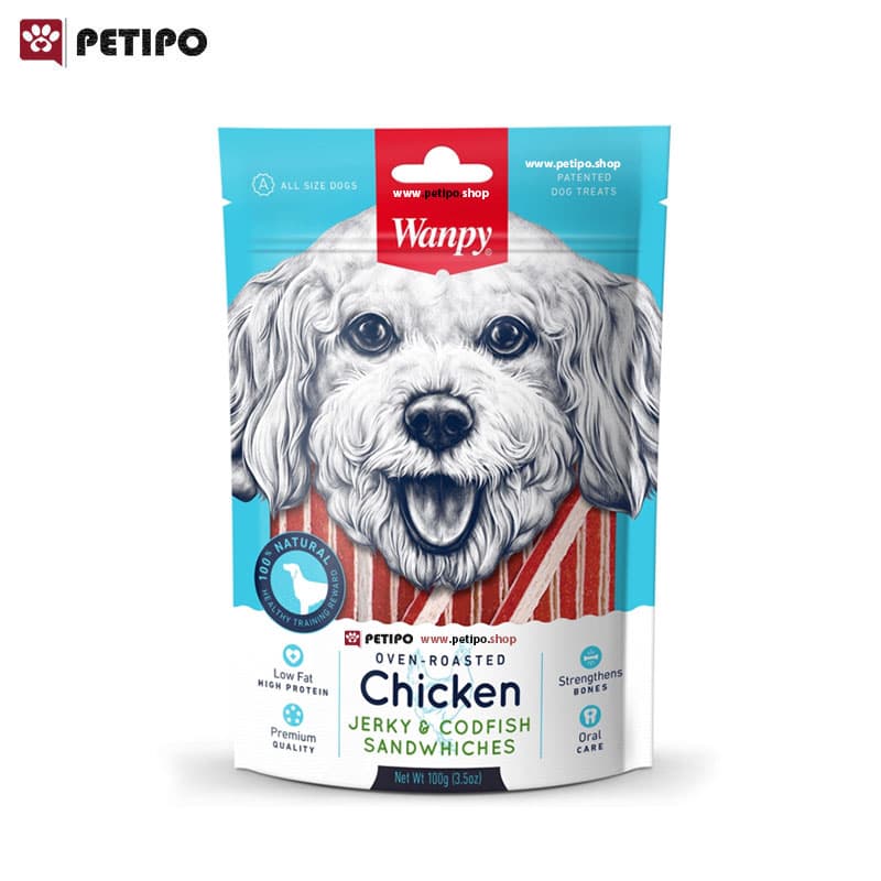 تشویقی ساندویچی سگ طعم مرغ و ماهی کاد ونپی (Wanpy Chicken Jerky & Codfish Sandwiches Dog Treats) وزن ۱۰۰ گرم — تصویر ۵
