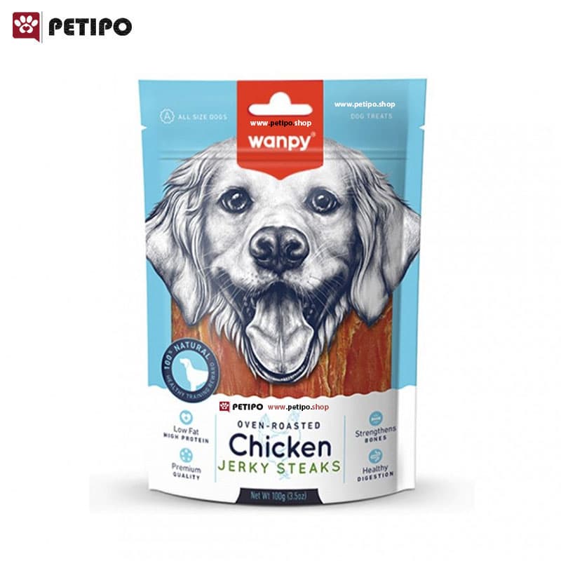 تشویقی استیکی سگ طعم مرغ ونپی (Wanpy Chicken Jerky Steaks Dog Treats) وزن ۱۰۰ گرم