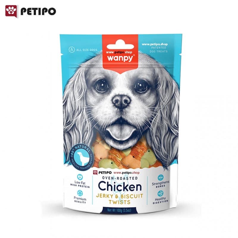 تشویقی بیسکویتی سگ دورپیچ مرغ ونپی (Wanpy Chicken Jerky & Biscuit Twists Dog Treats) وزن ۱۰۰ گرم
