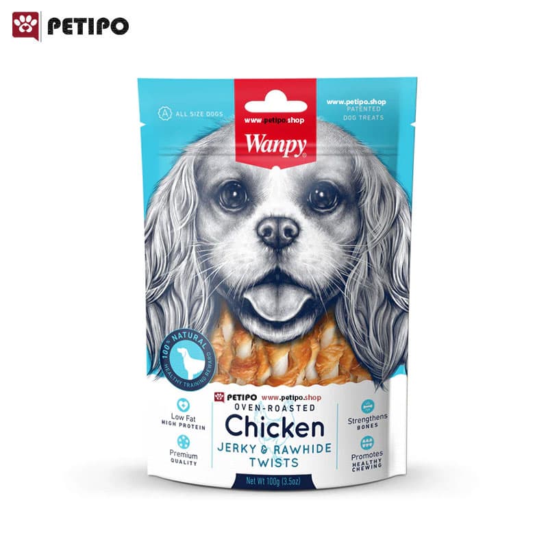 تشویقی سگ پوست خام با دورپیچ مرغ ونپی (Wanpy Chicken Jerky & Rawhide Twists Dog Treats) وزن ۱۰۰ گرم — تصویر ۳