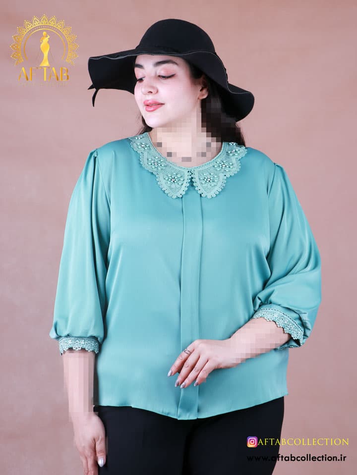 شومیز ساتن یقه گیپور سایزبزرگ 7209 — تصویر ۶