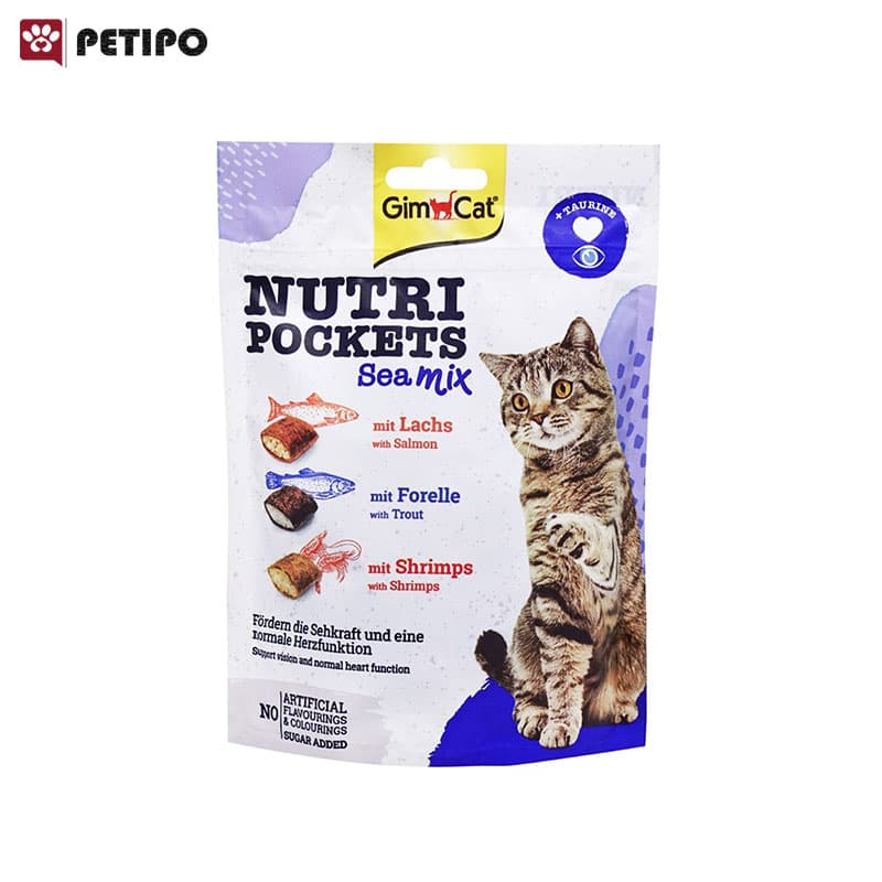 تشویقی گربه طعم میکس سالمون، قزل آلا و میگو جیم کت (GimCat Nutri Pockets Sea Mix Crunchy) وزن 150 گرم — تصویر ۶