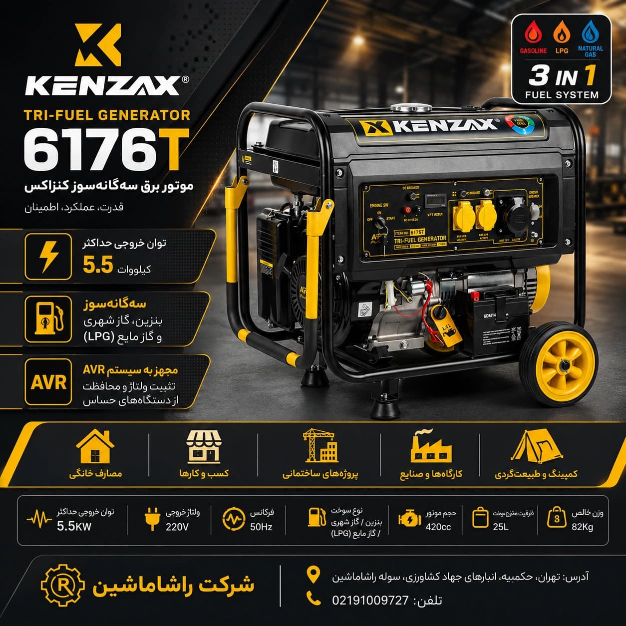 موتور برق سهگانهسوز کنزاکس مدل 6176T | توان 5.5 کیلووات | استارت برقی — تصویر ۱۲