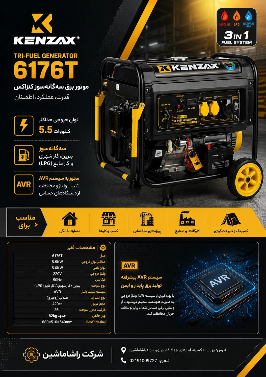موتور برق سهگانهسوز کنزاکس مدل 6176T | توان 5.5 کیلووات | استارت برقی — تصویر ۵