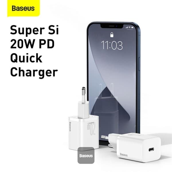 شارژر دیواری بیسوس به همراه کابل تبدیل لایتنینگ مدل Baseus Super Si 20W + Cable type c to Iphone — تصویر ۲