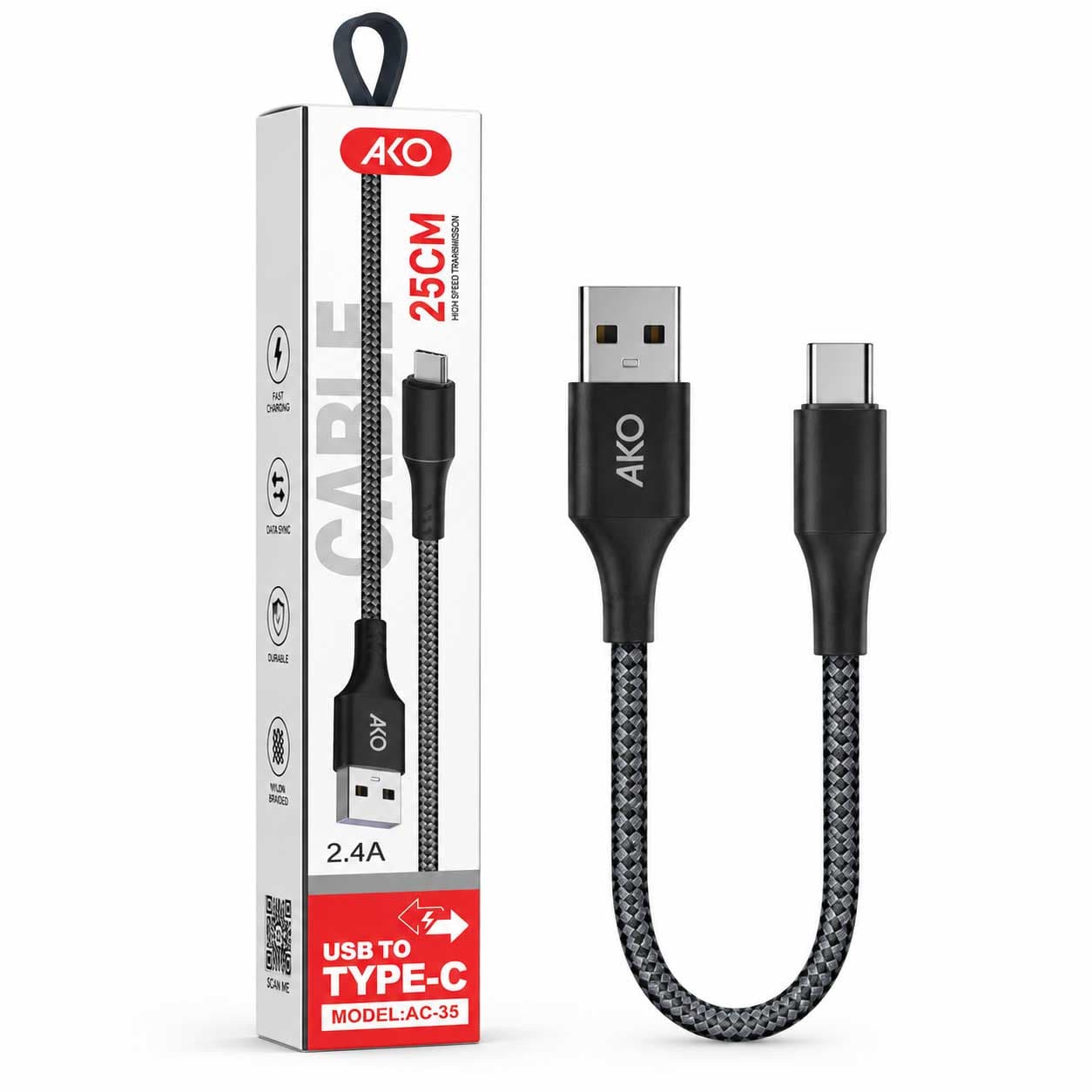 کابل فست شارژ تایپ سی AKO AC-35 Type-C 25CM