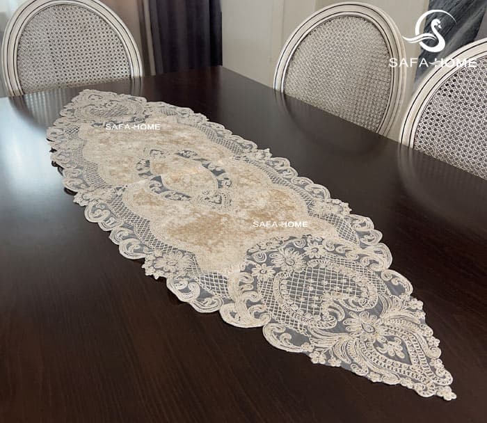 رومیزی دانتل مخمل 5 تکه نسکافه ای طرح نارمیا — تصویر ۸