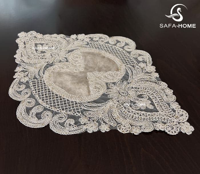 رومیزی دانتل مخمل 5 تکه طوسی طرح نارمیا — تصویر ۱۲