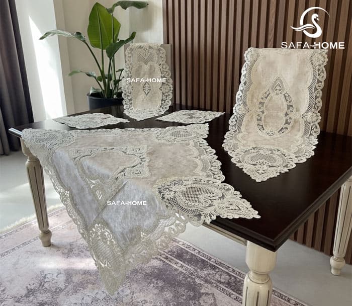 رومیزی دانتل مخمل 5 تکه طوسی طرح نارمیا — تصویر ۷
