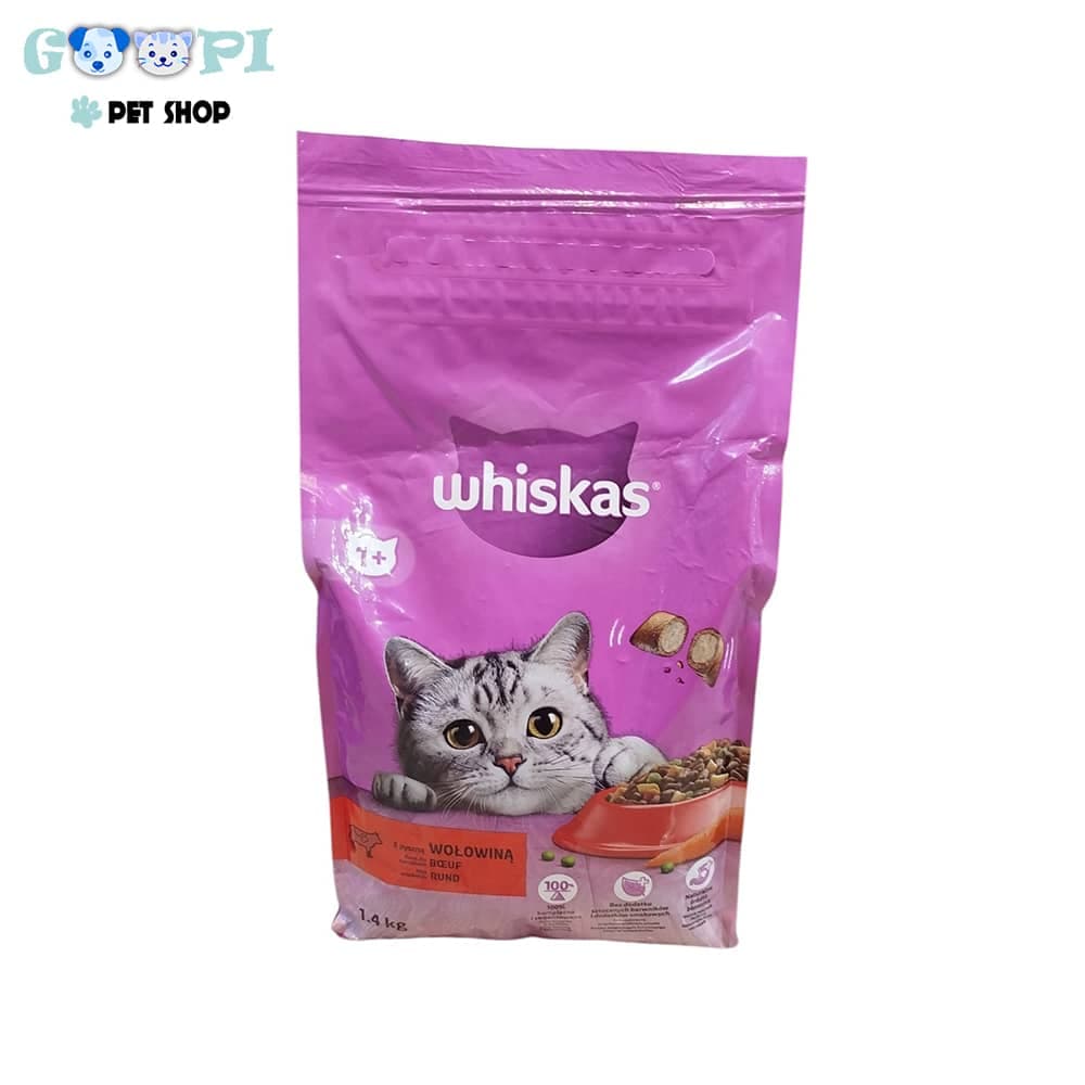 غذای خشک گربه ویسکاس با طعم گوشت گاو Whiskas Adult with Beef وزن 1.4 کیلوگرم