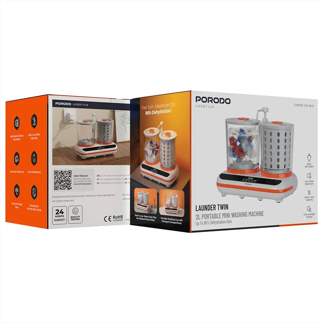 مینی لباس‌شویی و خشک‌کن شارژی پرودو مدل Porodo Lifestyle Launder Twin ظرفیت 2 لیتر — تصویر ۶